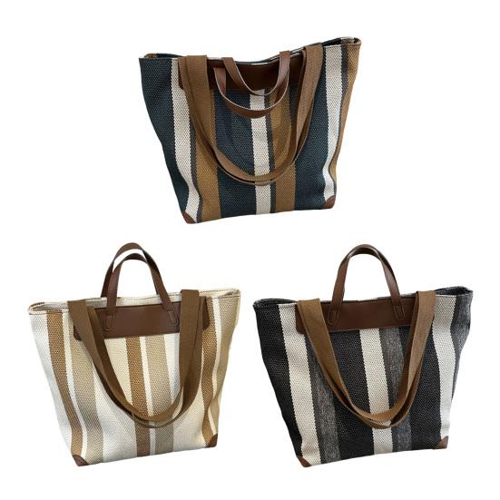 Striped Shoulder Bag Ladies Canvas Tote Bag Zipper Closure Handbag Shoulder Tote for Daily Use Commuting Dating Parties