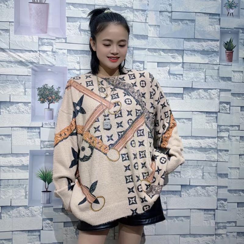 Women's Rhinestone-Embellished Loose-Fit Knit Top, Plus Size, Tummy-Concealing, Slimming, Convertible as Outerwear Round Neck Sweater