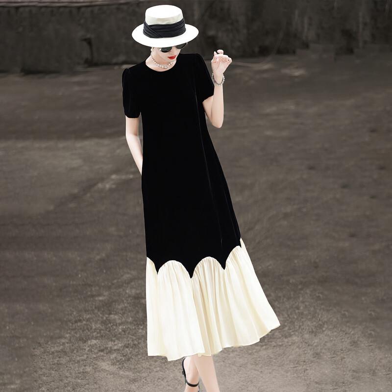 Lanse'er 2026 Summer French Elegant Silk Velvet Patchwork Dress