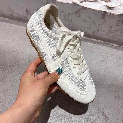 Retro Round Head Mesh Color Matching Breathable Flat Bottom German Training Shoes Women's College Style Casual Versatile Sports Board Shoes White Sh