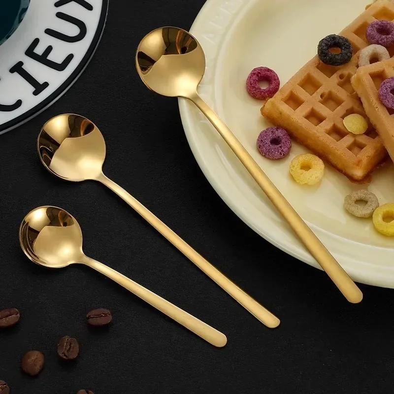 Long Handle Coffee Spoon Stainless Steel Cutlery Ice Cream Dessert Mixing Teaspoon for Picnic Kitchen Tableware Bar Tools Scoop
