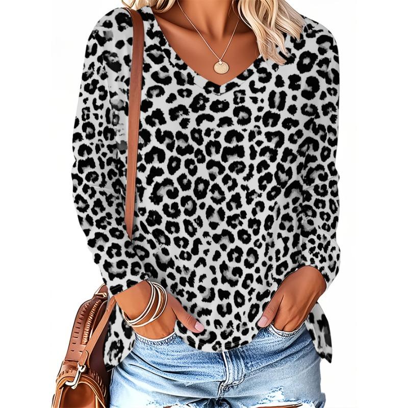 Plus Size, Women's Autumn/Winter Arrival Fashion Printed Casual V-Neck Long Sleeve T-Shirt