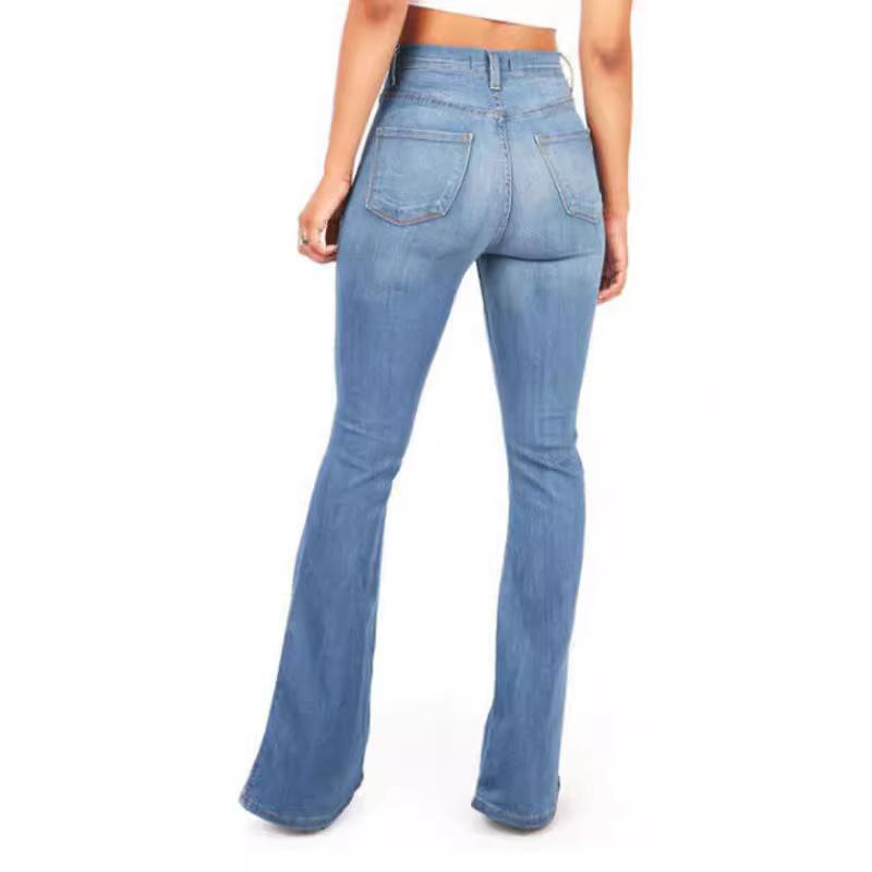 Women Bell Bottom Jeans Elastic Waist Ripped Flared Jean Destroyed Raw Hem Denim Pants