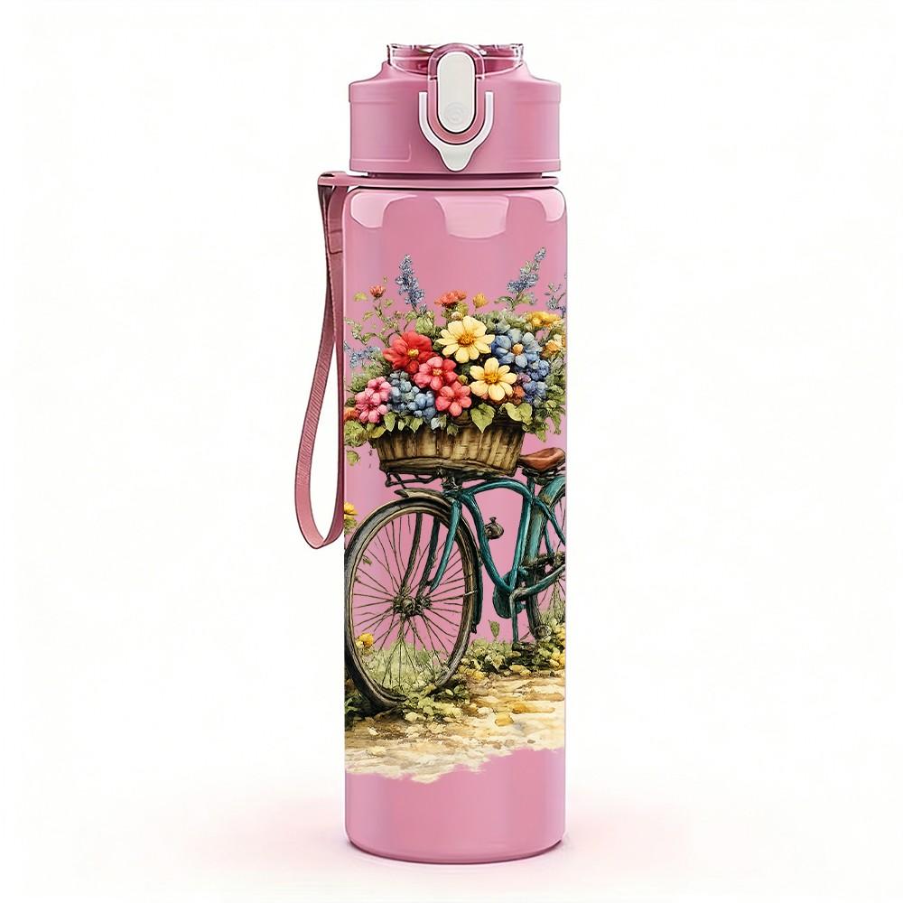 1PC Bicycle Flower Basket Art Print 750ml Color Plastic Sports Water Bottle Leakproof Flip Straw Lid Suitable for Sports Office Home Use