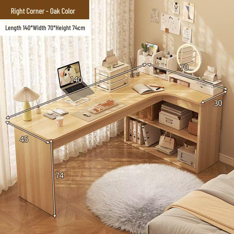 Compact Corner Computer Desk with Integrated Bookshelf & Vanity for Bedroom or Home Office