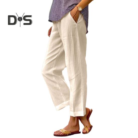Women Pants Mid-rise Elastic Waist Leisure Pants Solid Color Straight Wide-Leg Casual Pants with Pockets