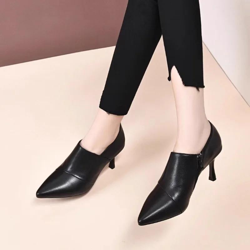 

Весна 2025 Новые Туфли-лодочки с острым носком, глубоким вырезом, из мягкой кожи, на мягкой подошве, универсальные, нескользящие, рабочие, на высоком каблуке 39 чёрный