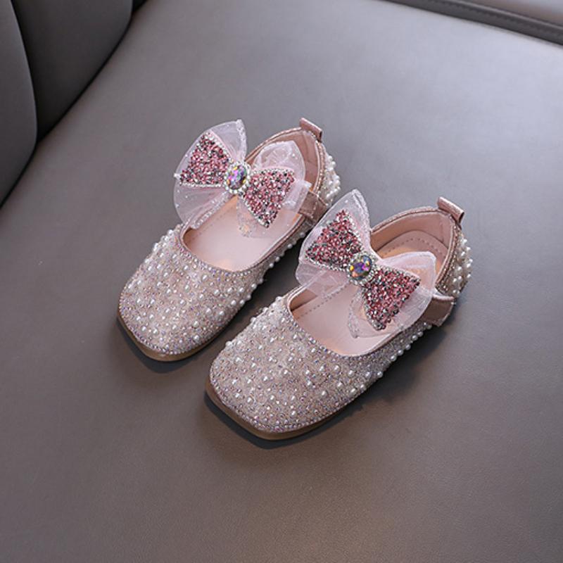 2024 Sweet Children's Leather Shoes Pearl Rhinestone Party Shoes for Baby Girl Non-slip Causal Kids Fashion Princess Flat Shoes