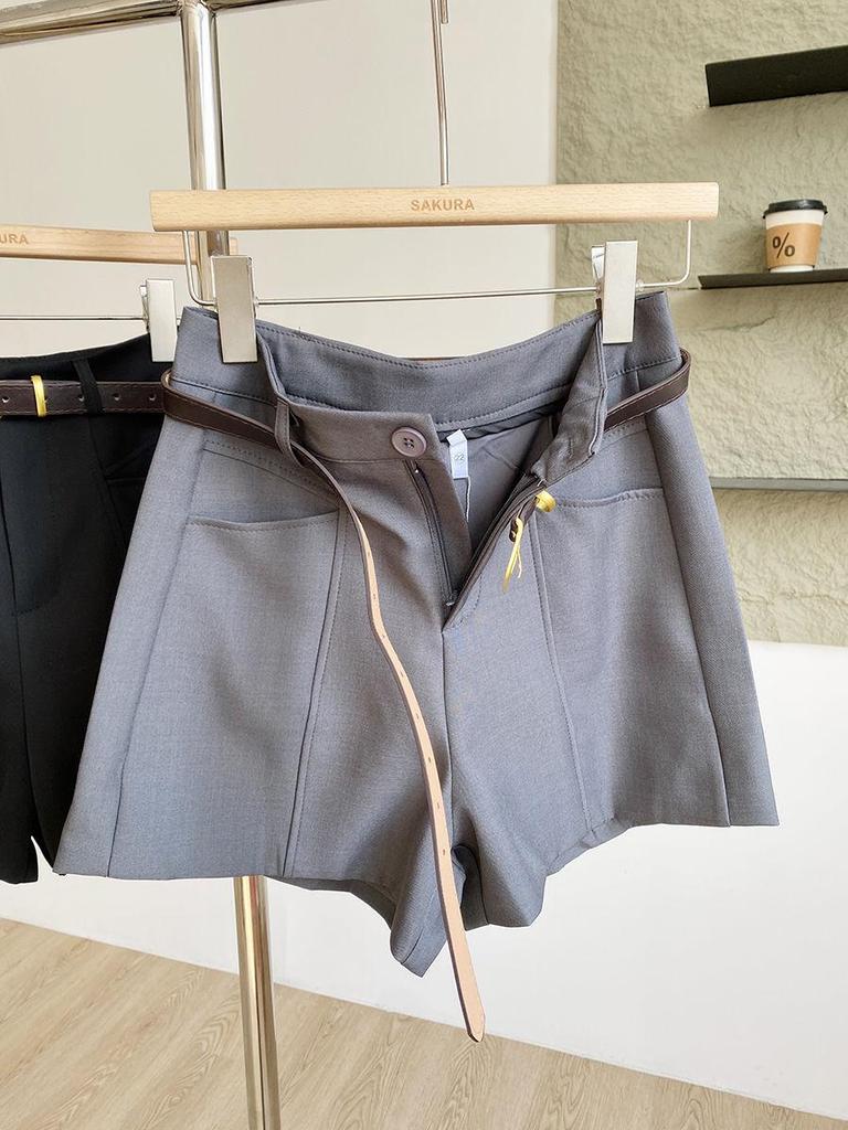 Summer 2025 Women's Casual Grey High-Waist A-Line Wide-Leg Shorts: Korean Fashion Trend