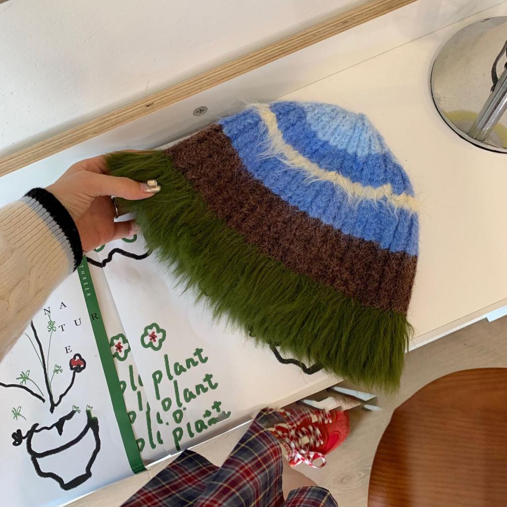 Warm and Cold Hat Versatile Wool Hat Winter Big Head Circumference Women's Face Small Colorful Striped Fisherman Hat Small Flower Pile Hat