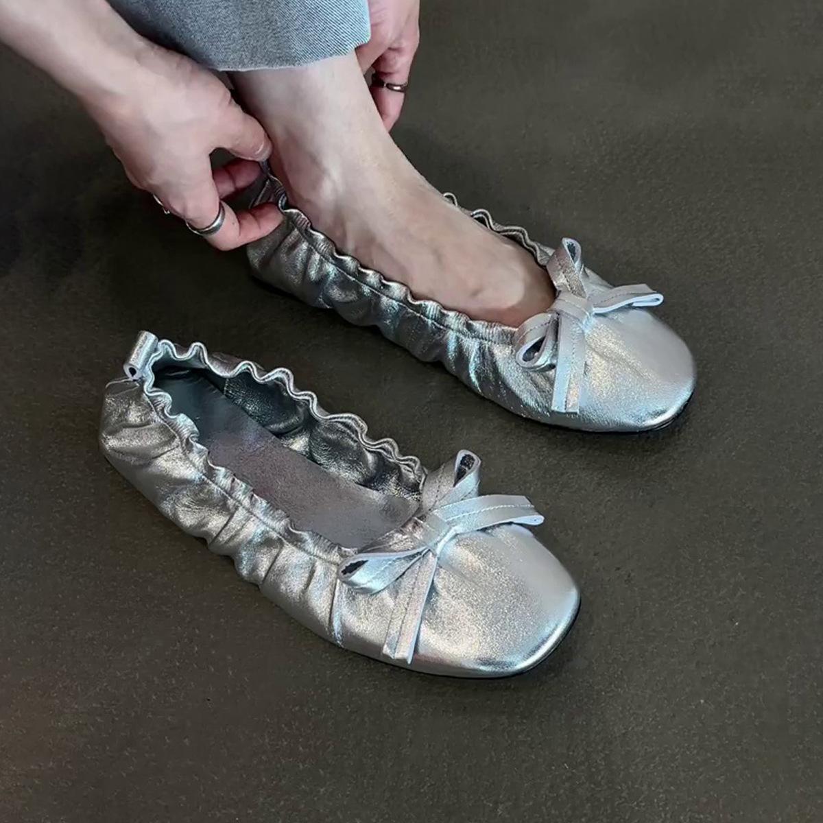 

Версия из овчины~ ретро плиссированные туфли-балетки с бантом, туфли-лодочки на плоской подошве, женские, для работы, темпераментные, с мелким вырезом, одинарные туфли 35