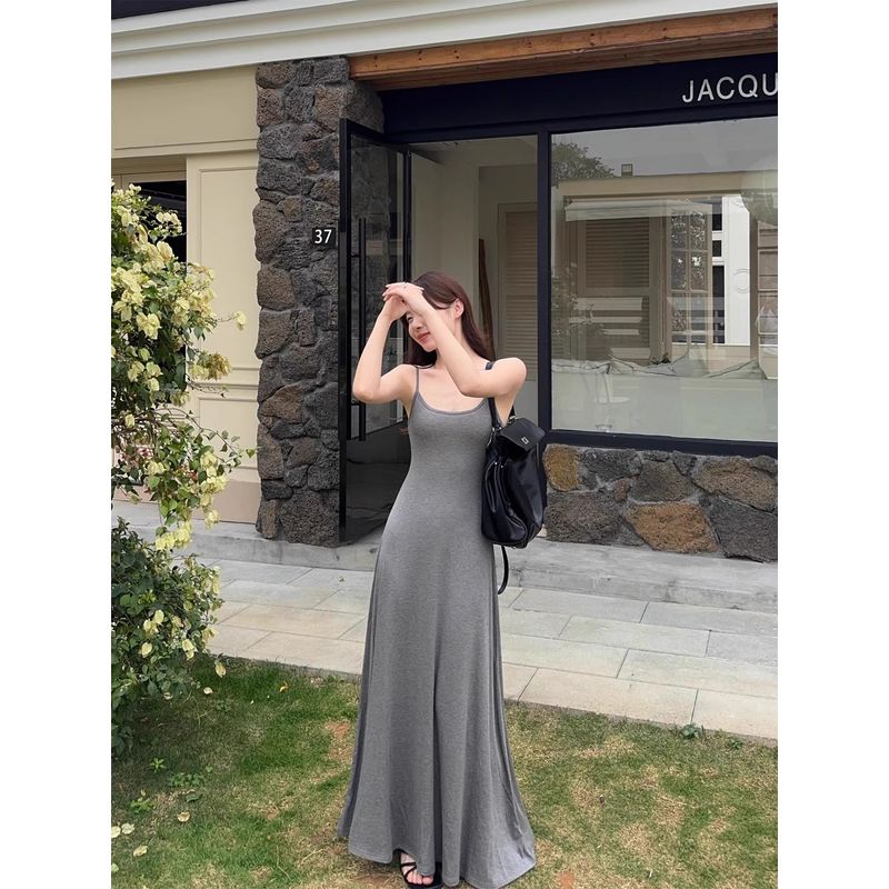Kumikumi Idle Style Simple Solid Sling One Piece Dress Women Clothing Summer Elegant All-Match Waist Hugging Slimming Long Dress