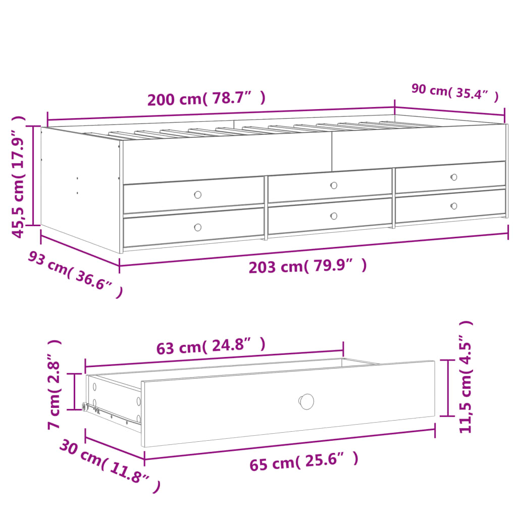 Daybed with Drawers Without Mattress Smoked Oak 90x200 Cm