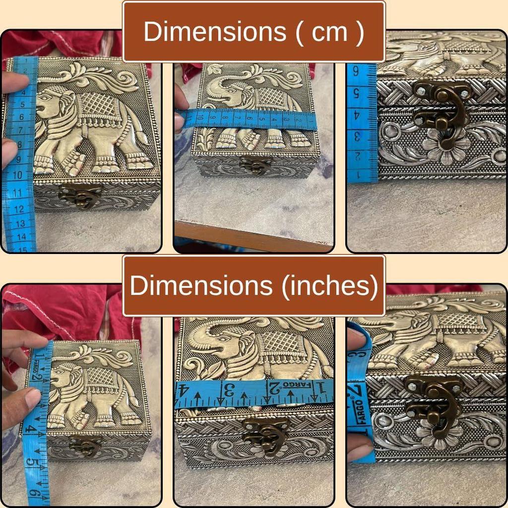 Trendifly Elephant Design Wooden Oxidised Jewellery Storage Box With Lock for Women 4 X 4 Inch