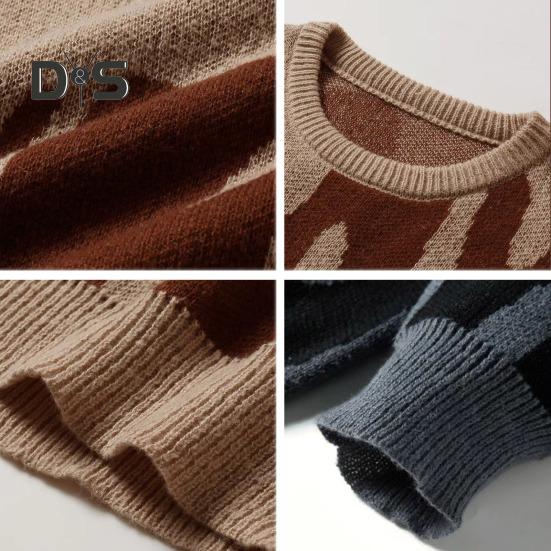 Suéter feminino gola redonda manga comprida contraste cor tricô tops solto ajuste estampado elástico malhas uso diário