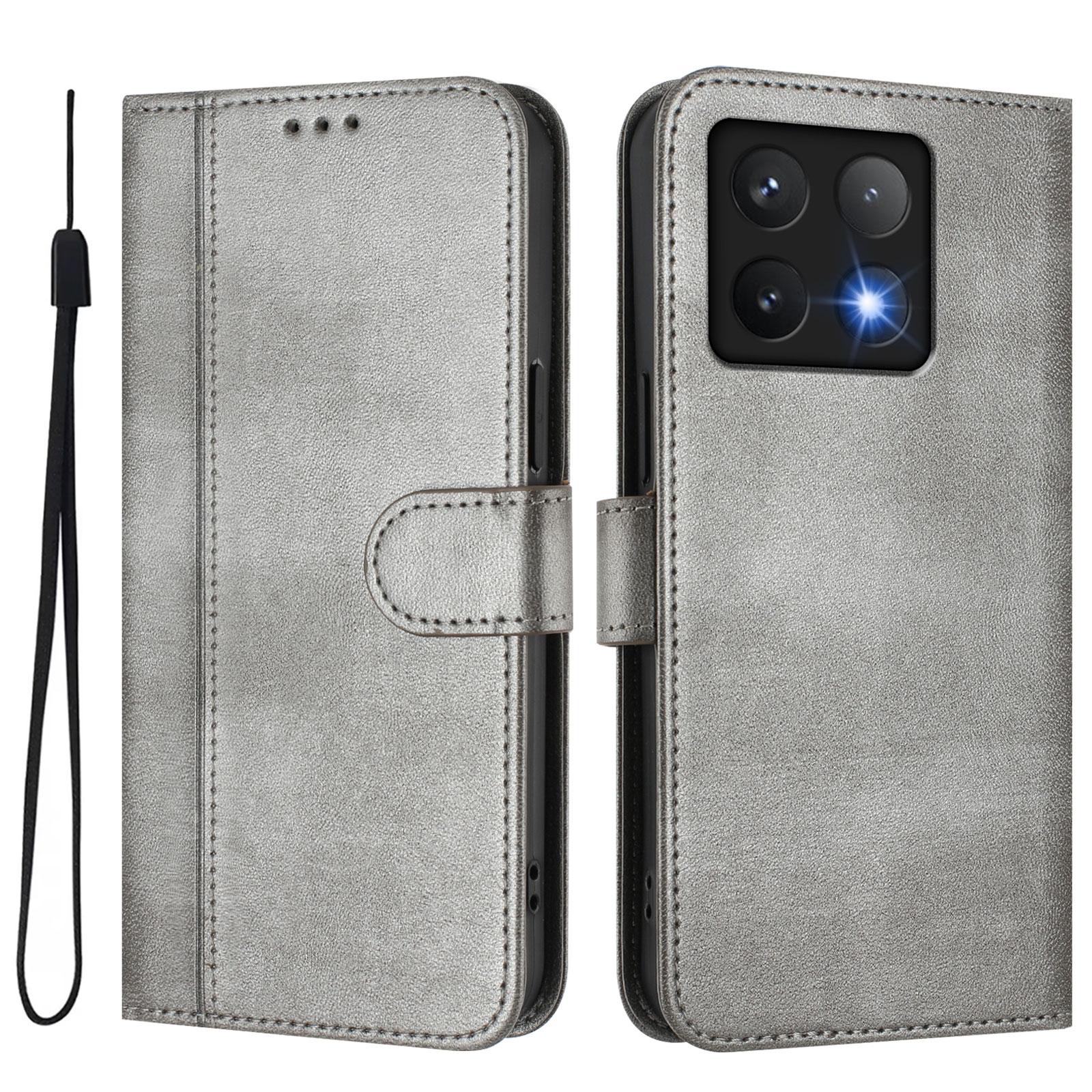 

For Xiaomi 14T Pro Cases Wallet Stand Retro Texture Leather Phone Cover with Lanyard Grey