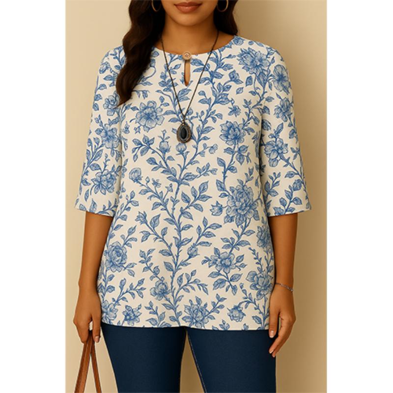 

Повседневная блузка, Винтажный стиль, Для женщин, Цветочный принт, Круглый вырез, Рукава три четверти, Элегантный свободный топ 5XL чёрный