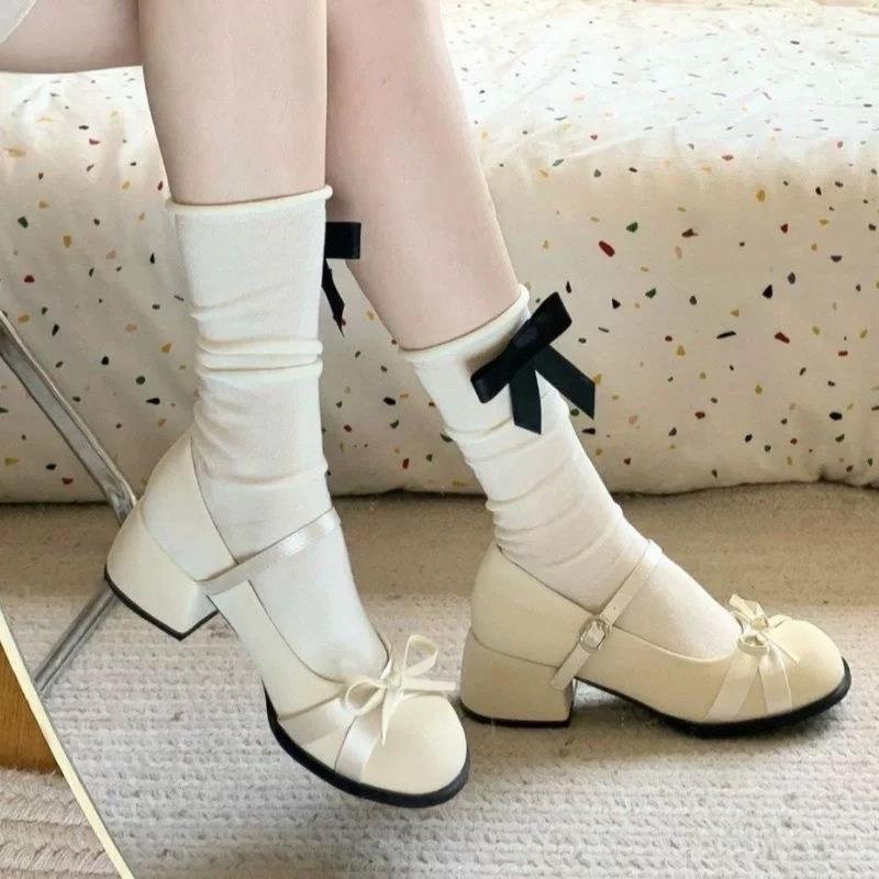 White Thick Heel Mary Jane Shoes Women's New Autumn Versatile Bow Light Mouth Single Shoes