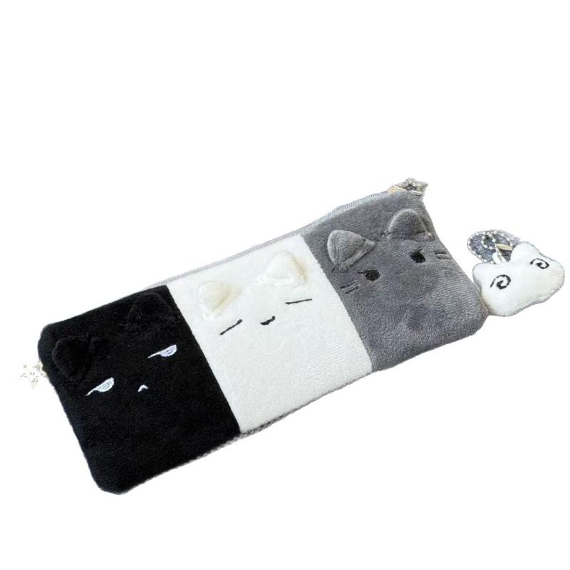 Kawaii Cartoon Black White Grey Color Blocked Plush Pencil Case Student School Desktop Stationery Large Capacity Storage Penbag