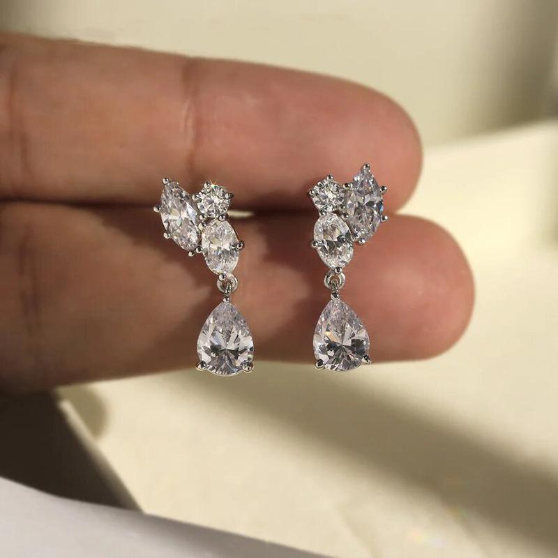 Mixed Marquise Oval Pear Cut Cubic Zirconia Dangling Stud Earrings Silver Tone Multi Stone Cluster Elegant Banquet Ladies Accessories