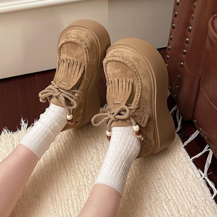 [Armano] Platform Women's All-inclusive Lace-up Heightening Kangaroo Shoes Summer and Autumn 2025 New Loafers Small Leather Shoes