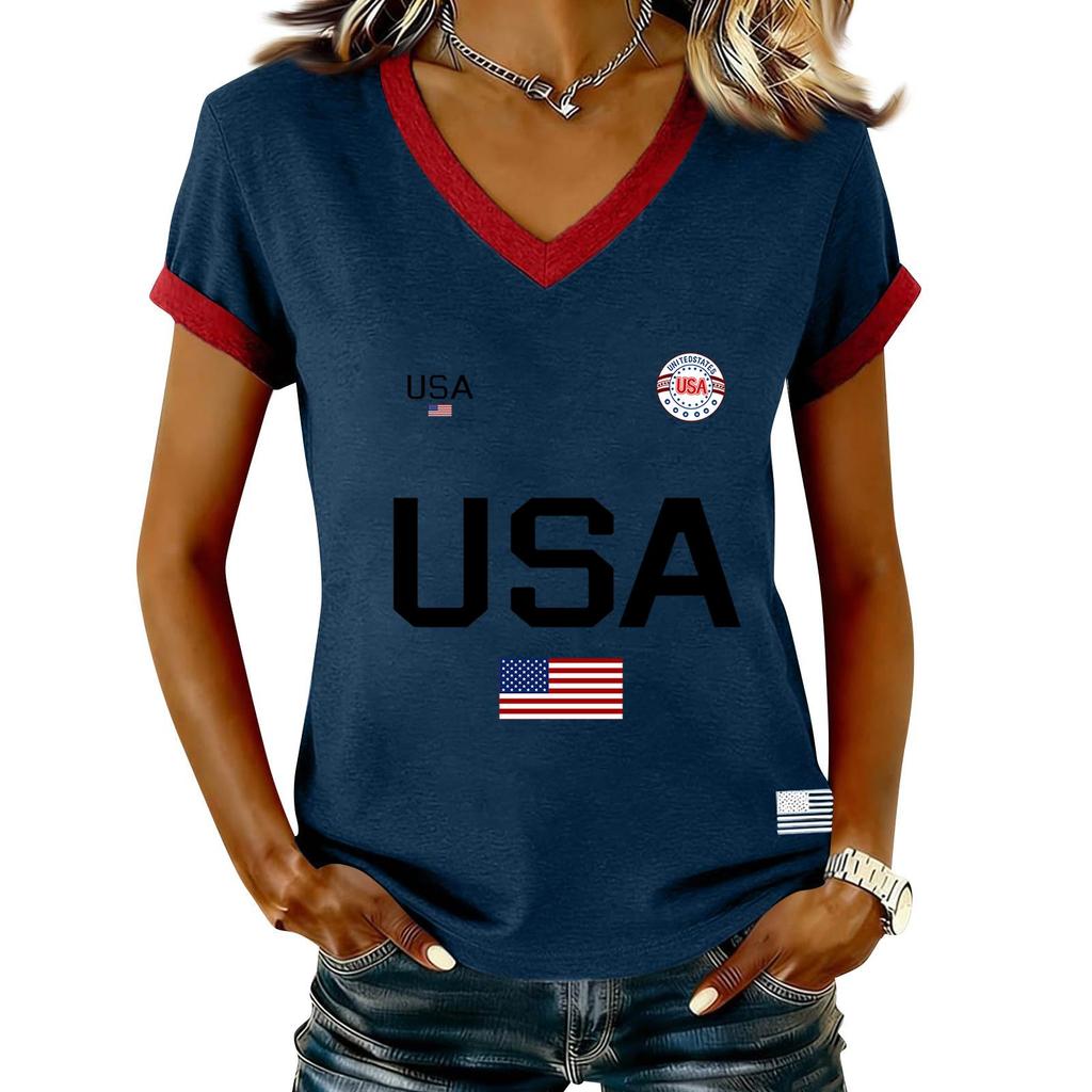 Damen Lässiger V-Ausschnitt Kurzarm Pullover Bedrucktes T-Shirt Top