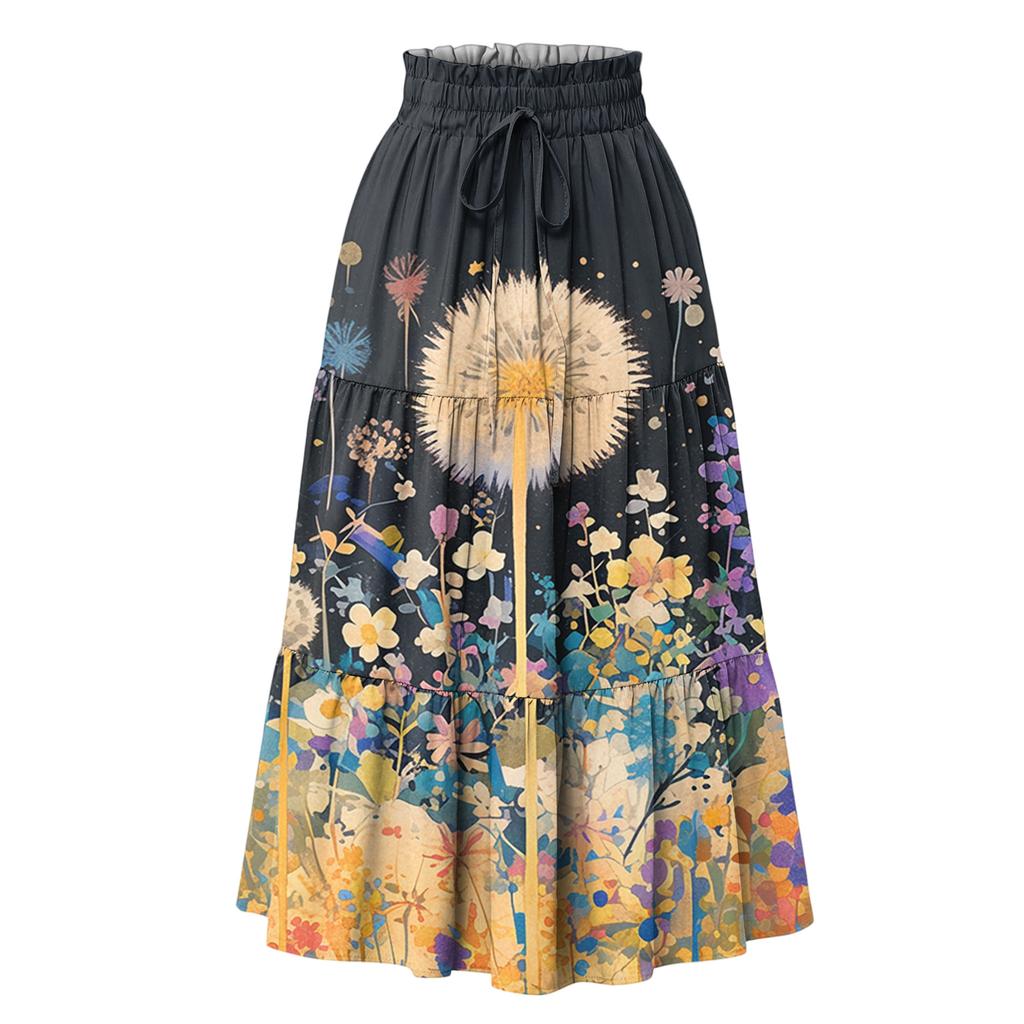 Dam Maxikjol Dragsko Hög Midja Sommar Långa Kjolar Lätta Flerskiktade Böljande Blommiga Plisserade Kjolar