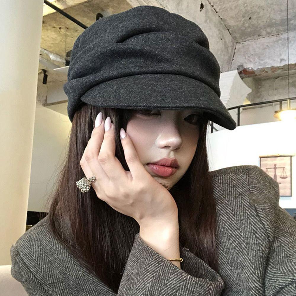 Personality British Style Wool Beret Brown Black Pleated Octagonal Hat Korean Style Newsboy Cap Painter Hat Outdoor