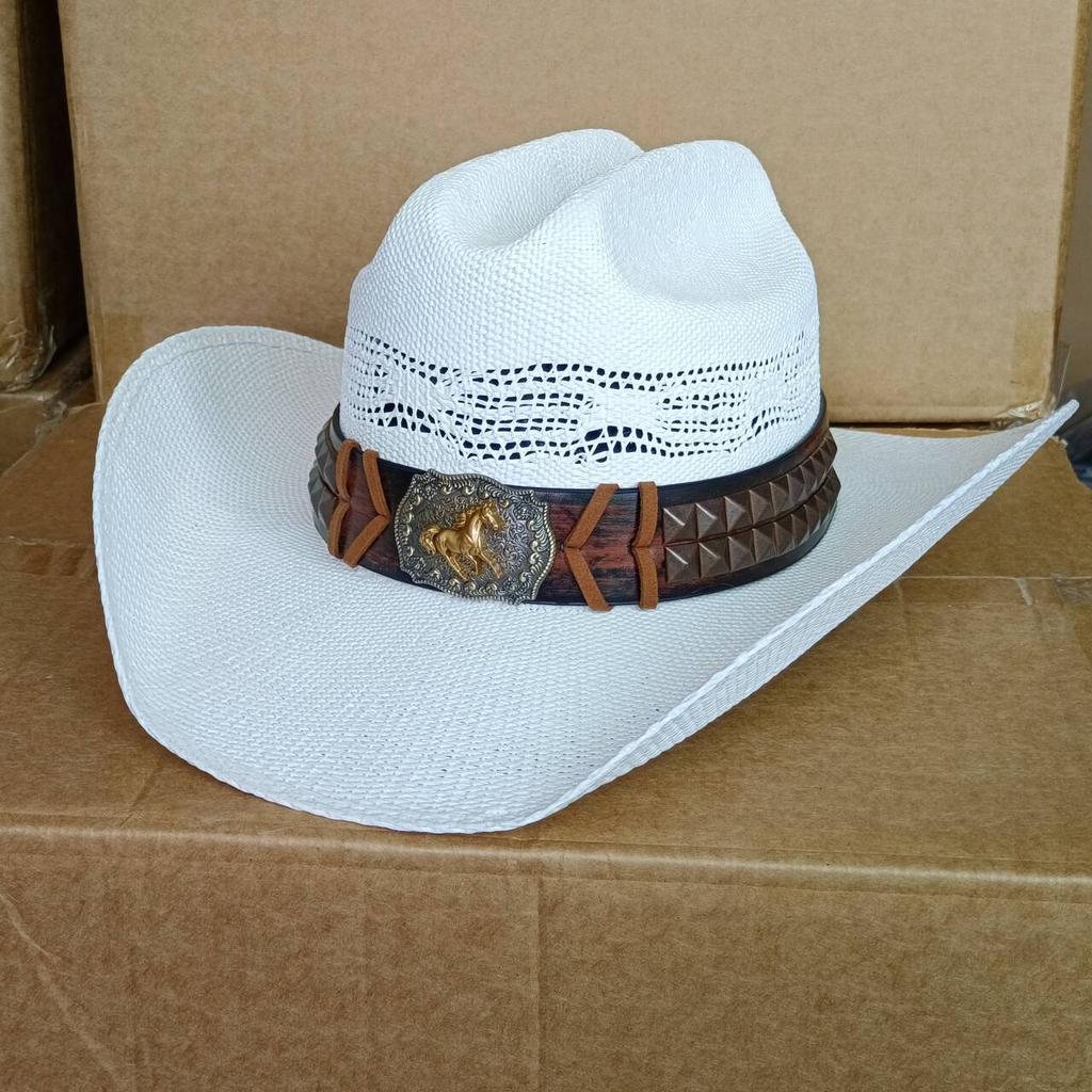 Straw Cowboy Hat Wide Brim Bull-Hide Bangora Women Pasture Straw Hat Cowboy Comfort Band Solid Summer Sombrero