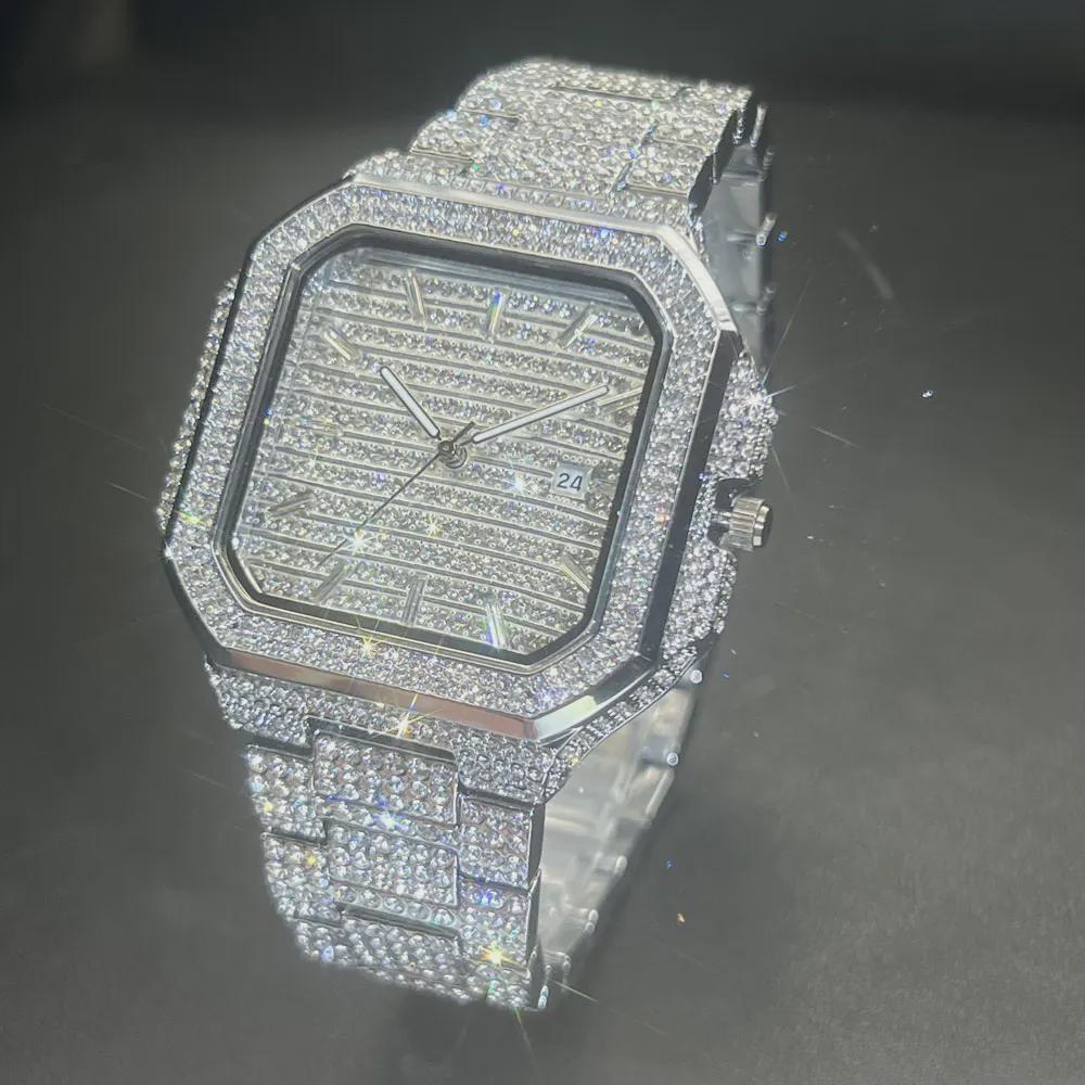 Watch For Men Luxury Gold Square Men's Wristwatch Alloy Strap Full Diamond Business Quartz Watch For Man Clock Gifts