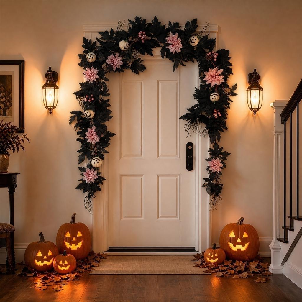 Artificial Maple Leaf Pumpkin Vine Garland with Light String 170-180cm Halloween Decorative Branches for Indoor Outdoor Use