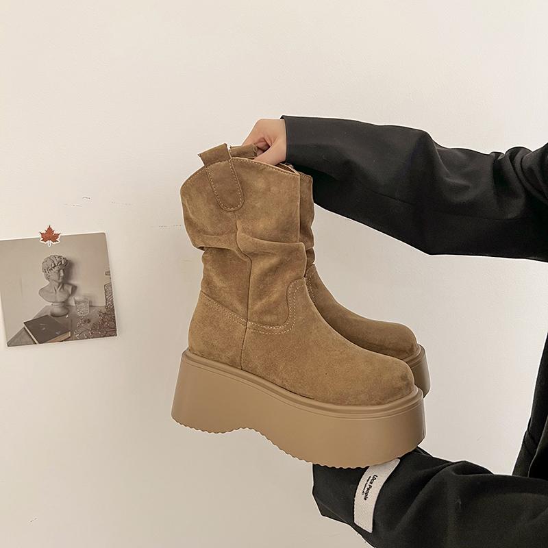 Fashion 2025  NEW Fashion Style Women Shoes Heel Height Platform Suede Mid Calf Boots Woman Ankle Boots Decor Woman Boots 6546