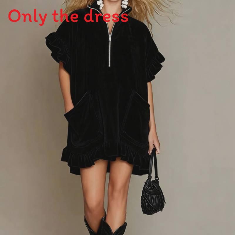 Streetwear A-Linien-Kleid mit Reißverschluss und Rüschenärmeln für Freizeit, Reisen oder Party