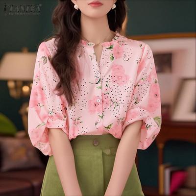 Blusa Casual da Donna Estiva a Maniche 3/4 con Scollo a V e Stampa Floreale