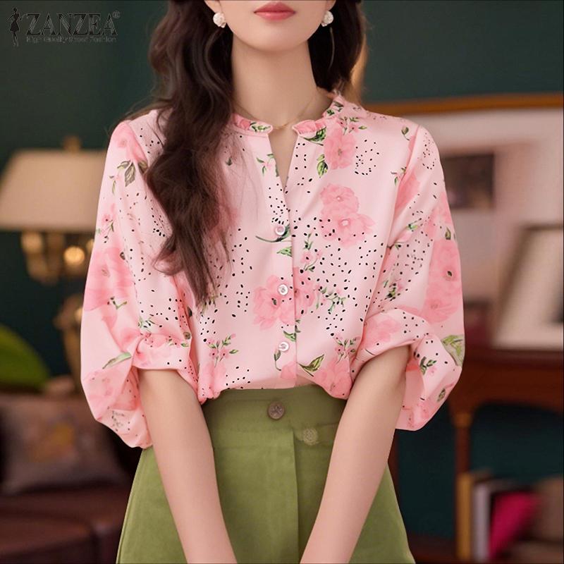 ZANZEA Women Casual V-Neck Summer 3/4 Sleeve Floral Print Blouse