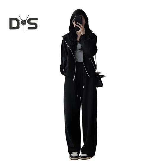 

2 шт./комплект женский пиджак брюки костюм с капюшоном молния длинный рукав толстая плюшевая подкладка куртка эластичный пояс затягивающийся шнурок широкие карманы брюки зима L чёрный