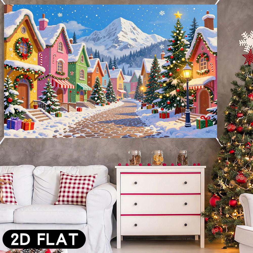 1Pcs Winter Snow Town Colorful Houses Tree Decoration Background Christmas Backdrop Decorations For Photo Studio Booth Party