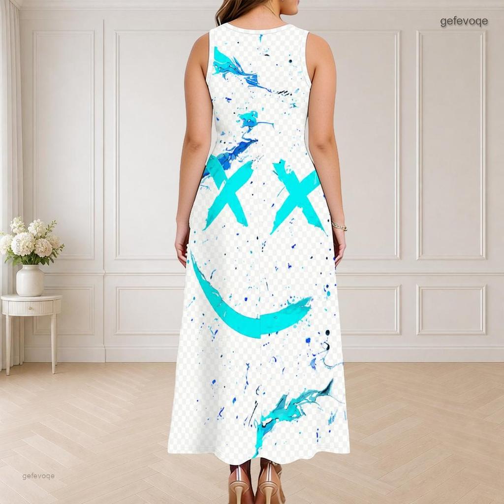 Women Plus Size Round Neck Triple Keyhole Cutout Sleeveless Printed Blue Pink Maxi Dress