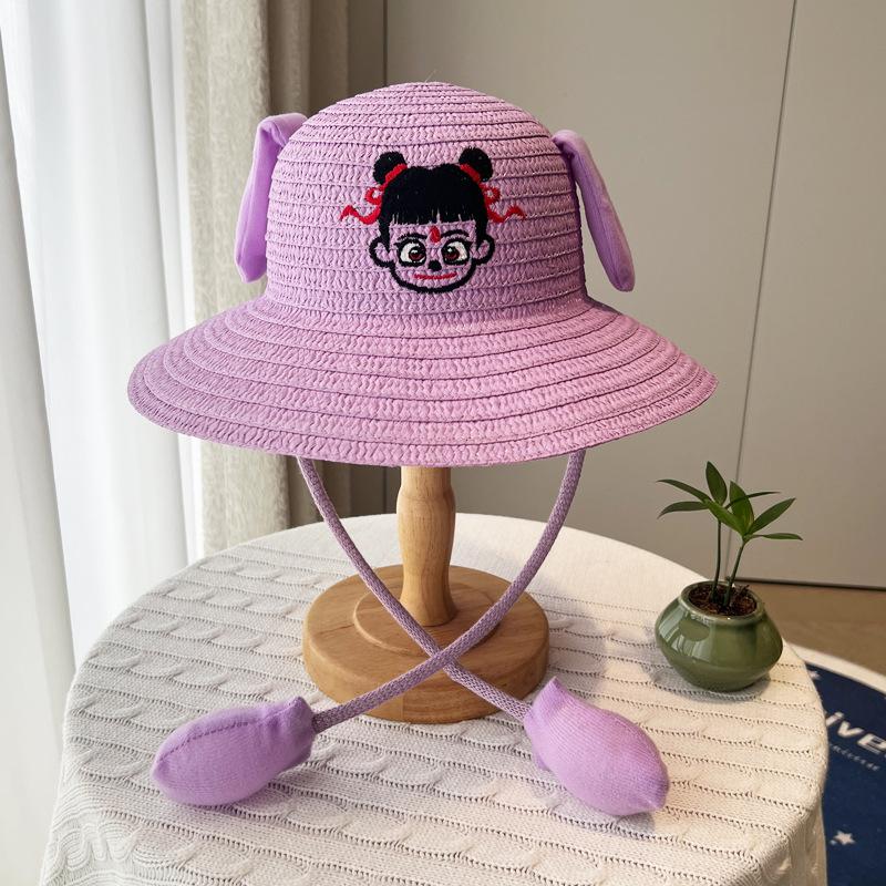 Ears move rabbit hat scenic cartoon cute children's straw hat summer sun protection Nezha sun hat airbag hat