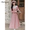 Cottagecore Spring Autumn Women Sweet Dress Ruffled Collar Red Plaid Floral Embroidery Dress Mori Girl Elegant Dress With Scarf