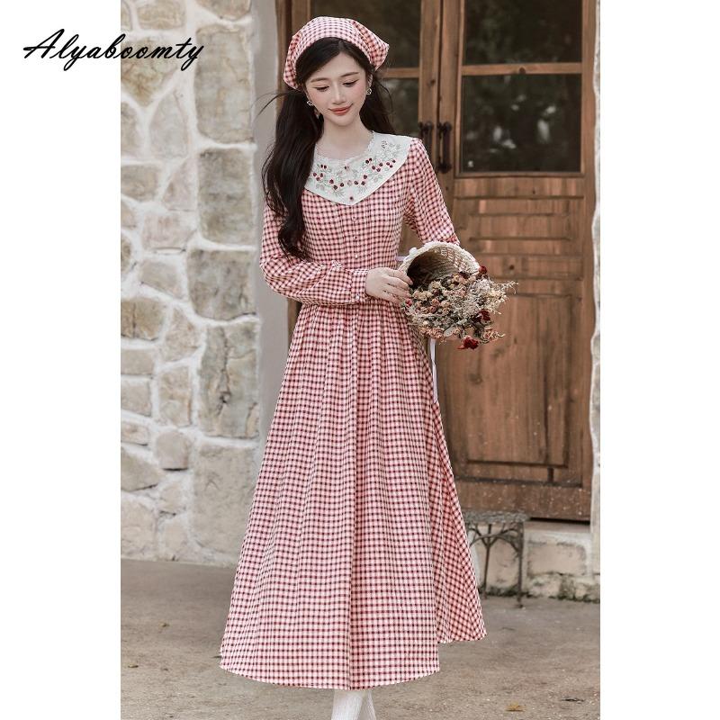 Cottagecore Spring Autumn Women Sweet Dress Ruffled Collar Red Plaid Floral Embroidery Dress Mori Girl Elegant Dress With Scarf