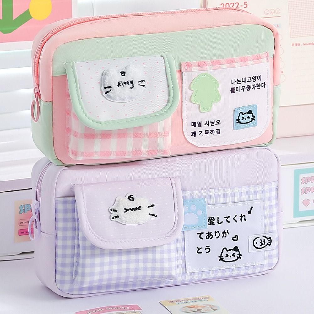 Cute Kitten Pencil Case Color-blocking Stationery Pouch Multi-functional Pen Bag  School Supplies