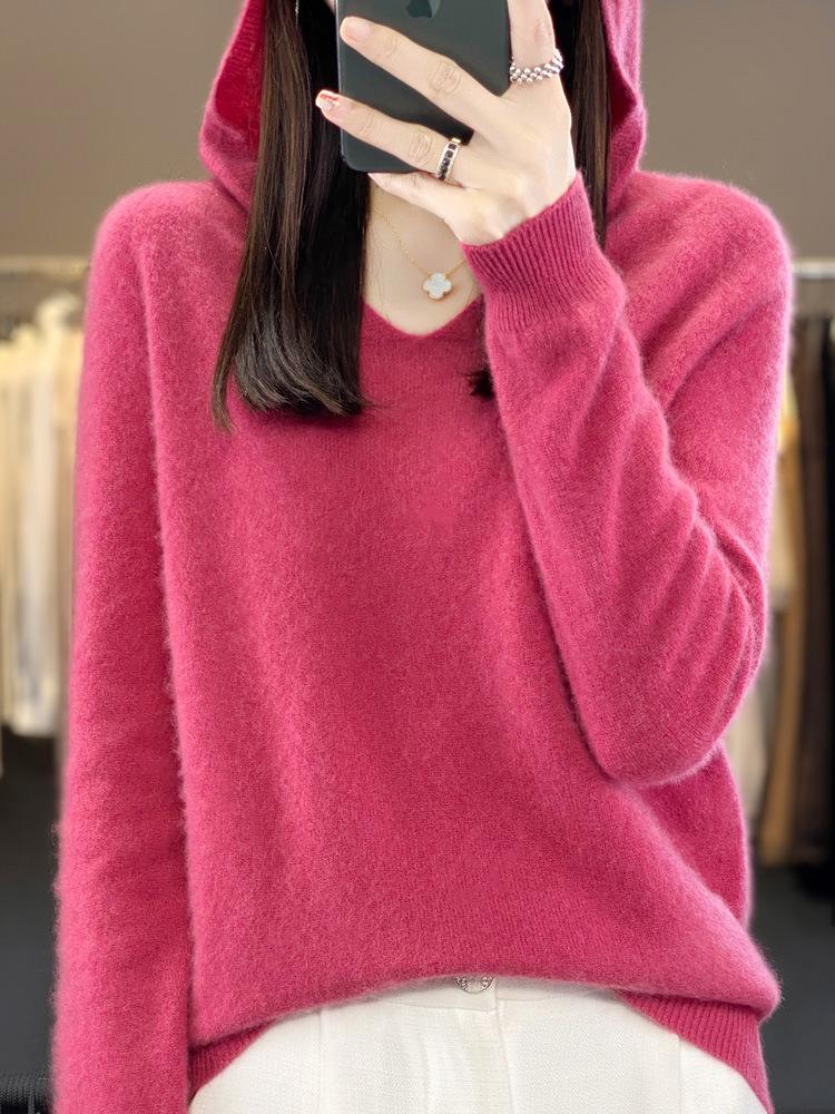 Women's V-Neck Hooded Wool Sweater - Autumn/Winter Loose Knit Pullover