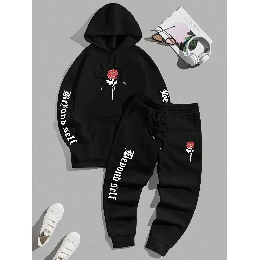 Casual Letter Printed Drawstring Pocket Hoodie and Drawstring Outdoor Casual Sports Pants Set Men's Fashion 2 Piece Set