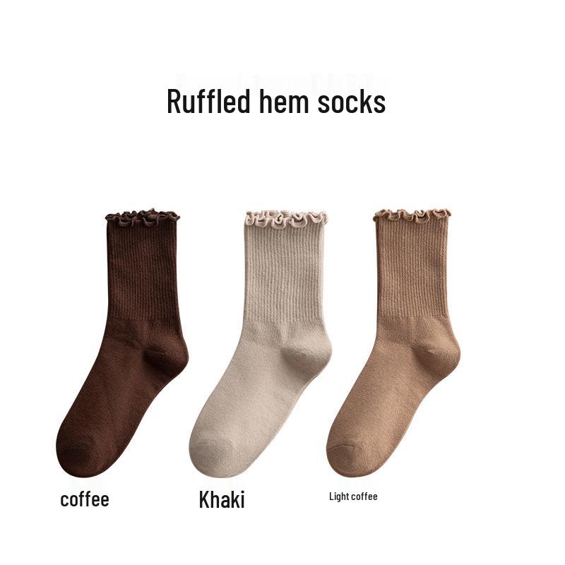 Women's Mid-Calf Ruffle Lace Socks, Coffee Color, Japanese/Korean Style, Cute Solid Color, Versatile and Girly for Spring/Fall.