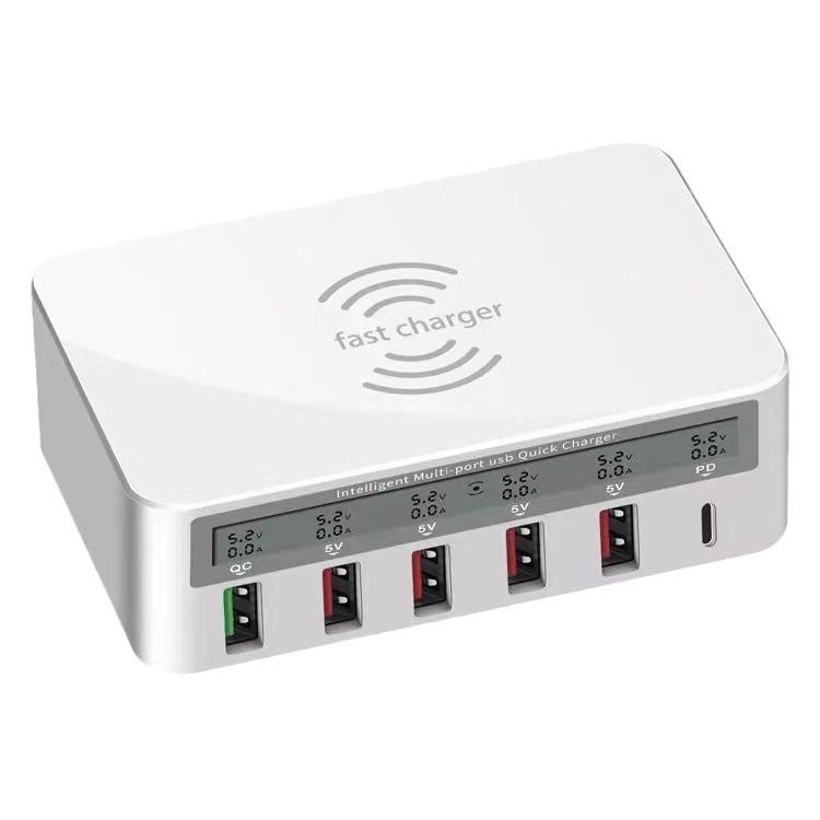 6-Port USB Charger with QC3.0 Fast Charge, PD 20W, and 15W Wireless Mobile Charging