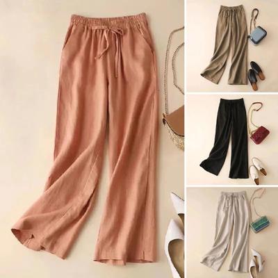 Women Summer Pants Elastic Waist Adjustable Drawstring Solid Color Loose Fit Long Trousers Straight Wide Leg Casual Pants with Pockets