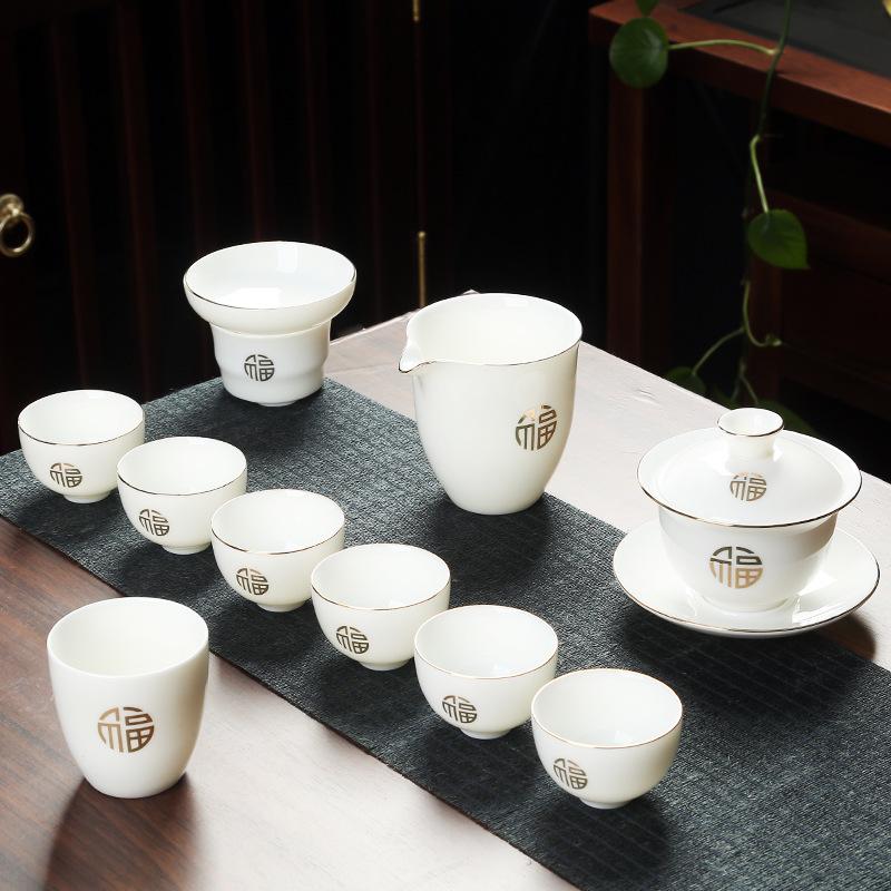 Ceramic suet jade porcelain kung fu tea set with gifts for home use