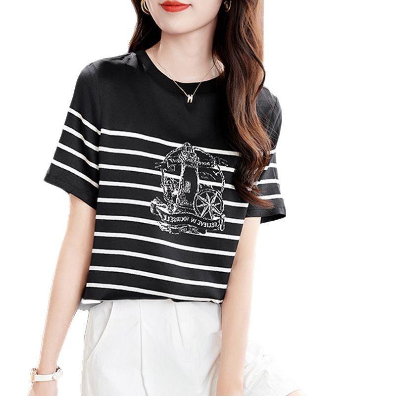 Fashion Printed Silk Short-sleeved T-shirt Top Women's Summer New Mulberry Silk Short Striped Shirt
