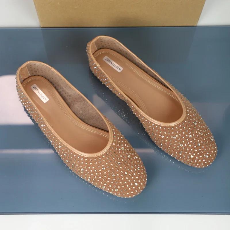 Fashion Luxury Rhinestones Women's Ballet Flats Breathable Mesh Shallow Comfort Casual Shoes Brand Designer 2025 Spring Ladies Footwear